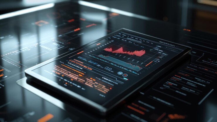 PSD futuristic tablet displaying stock market data