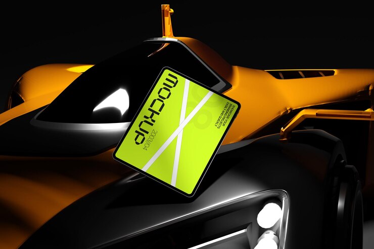 PSD futuristic tablet mockup on race car