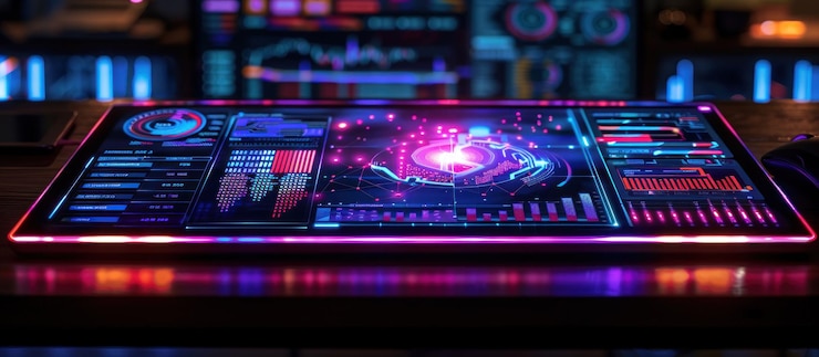 PSD futuristic tablet with glowing digital interface displaying charts graphs and data