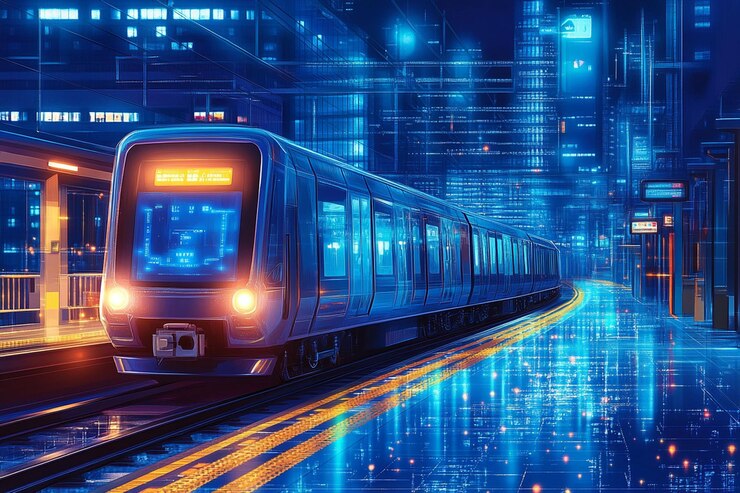 PSD futuristic train arriving at a digital city station at night