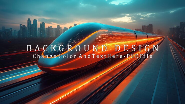 PSD a futuristic train on elevated tracks against a city skyline at