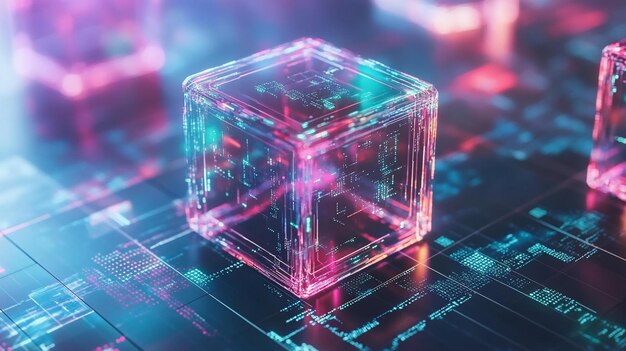 futuristic transparent cube with glowing circuits and data streams