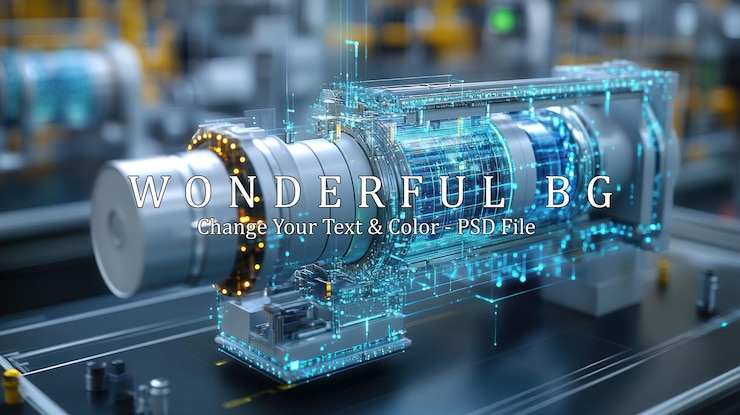 PSD a futuristic and transparent digital model of an engine with a holographic display showing its internal workings