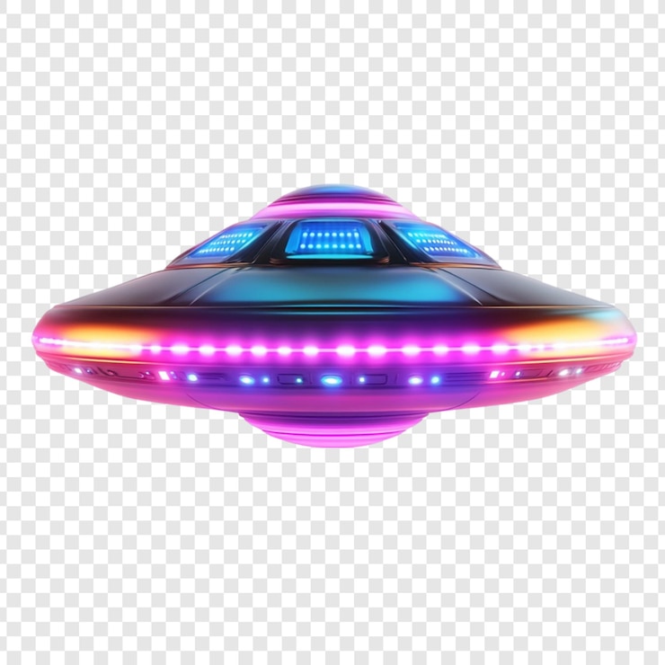 PSD futuristic ufo spaceship with vibrant lights flying saucer design