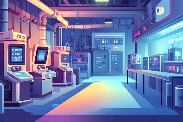 PSD futuristic underground industrial facility with machinery control panels and pipes