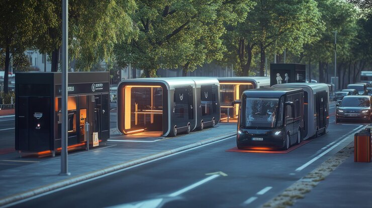 PSD futuristic urban transport station with electric vehicles