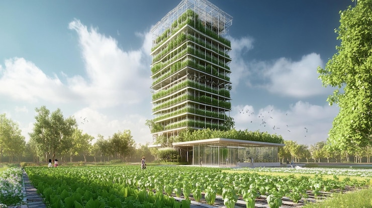 PSD futuristic vertical farm tower amidst a lush green field under a sunny sky