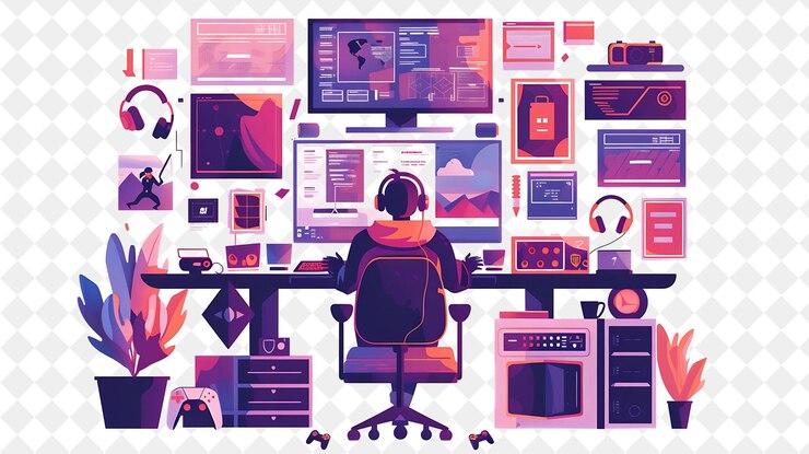 PSD futuristic video game designer with characters coding and te png people in daily work illustration