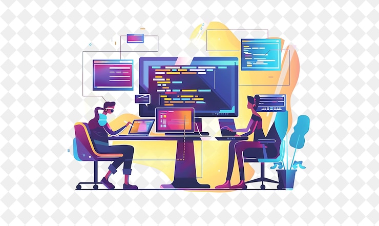 PSD futuristic web developer with characters coding and designin png people in daily work illustration