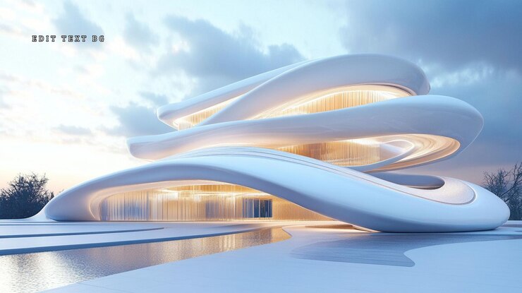 PSD futuristic white building with flowing curves illuminated at sunset reflecting in water