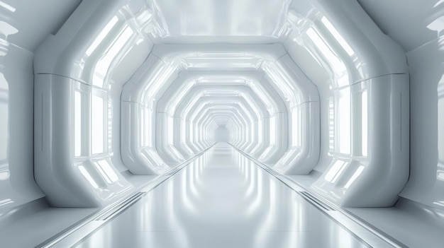 futuristic white corridor with glowing lights and reflective floor