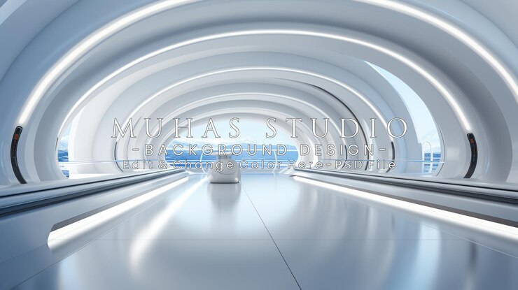 PSD futuristic white corridor with mountain view