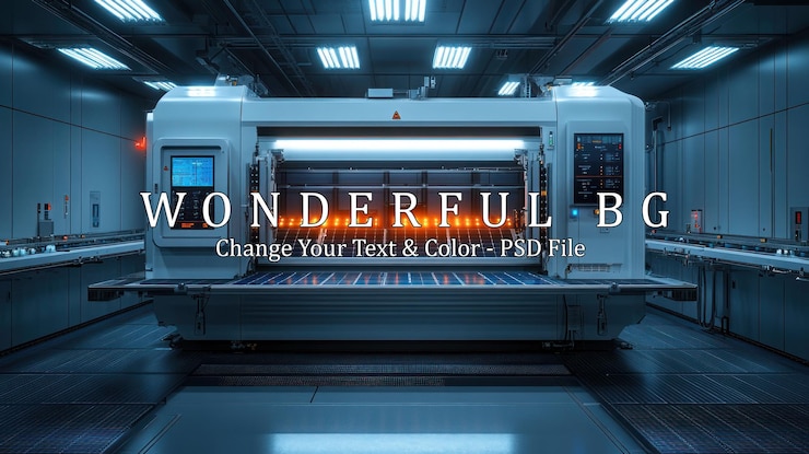 PSD a futuristic white industrial machine with glowing orange lights inside in a large dark room with blue lighting