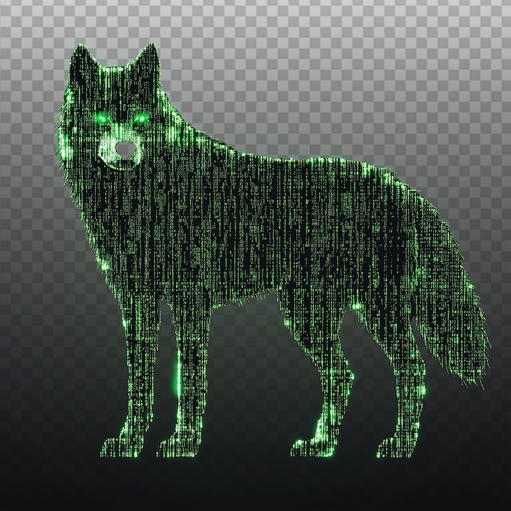 PSD futuristic wolf character formed by glowing green code lines