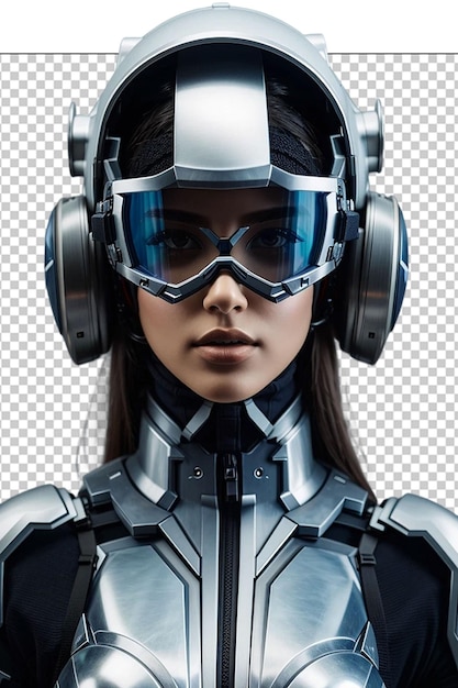 Futuristic woman in metal helmet and glasses