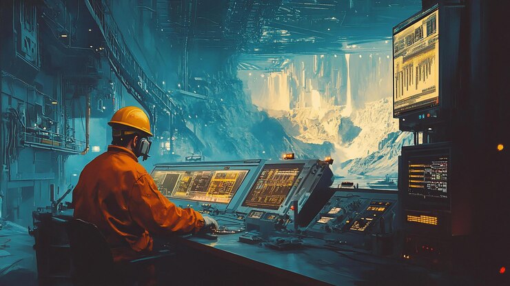 PSD futuristic worker operating control panel in a subterranean facility overlooking a glacial landscape