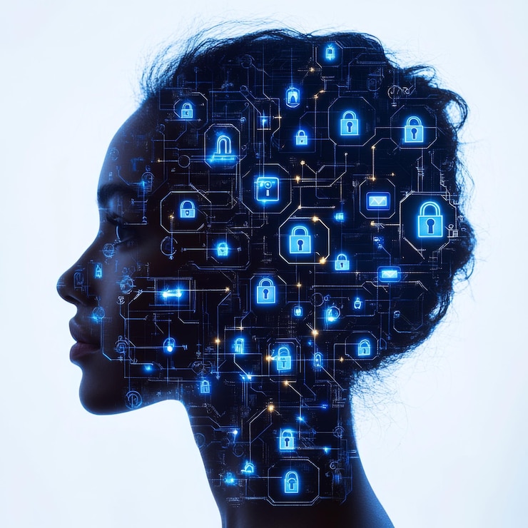 PSD futuristisch digitaal profiel van een vrouw met cybersecurity-elementen en circuits op een witte achtergrond