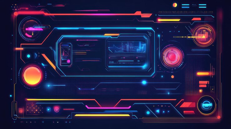PSD futuristische neon-interface met gloeiende hud-elementen, gegevensgrafieken en digitale displays op donkere achtergrond