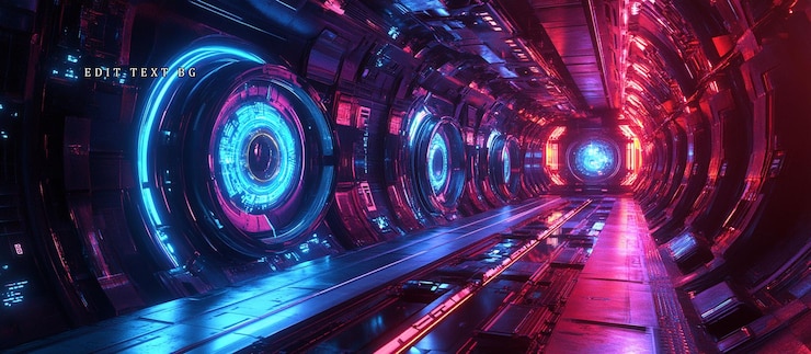 PSD futuristische neonverlichte gang met gloeiende technologische details