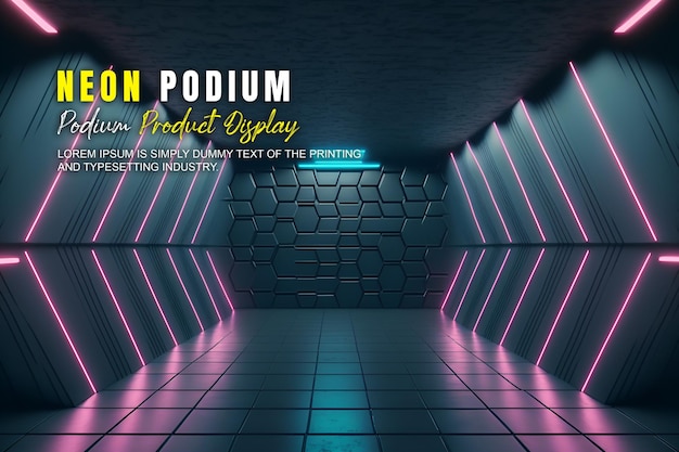 PSD futuristische podium stage display mockup product presentatie met neon licht scène product dispaly