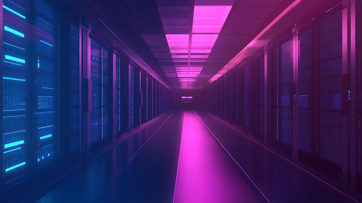 PSD futuristische serverkamer gang met gloeiende neonlichten