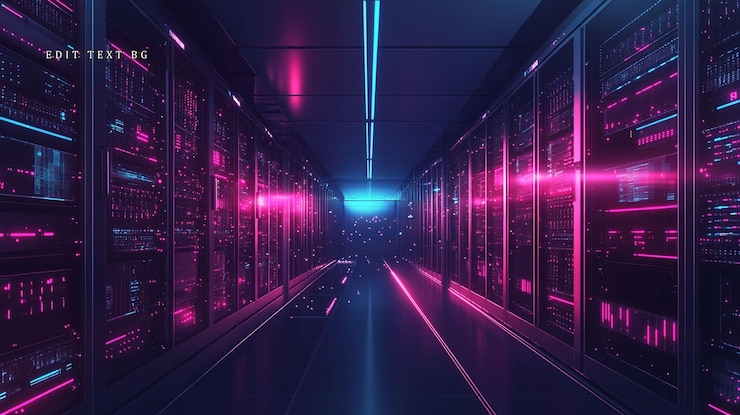 PSD futuristische serverruimte met neonverlichting voor gegevensverwerking en netwerkinfrastructuur