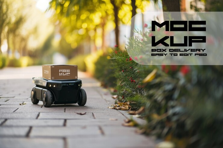 PSD futuristisk leveringsrobot med pakke mockup
