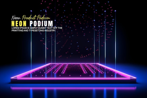 Futuristisk scene med podium, mockup for produktpresentasjon med neonlys, scene for produktvisning