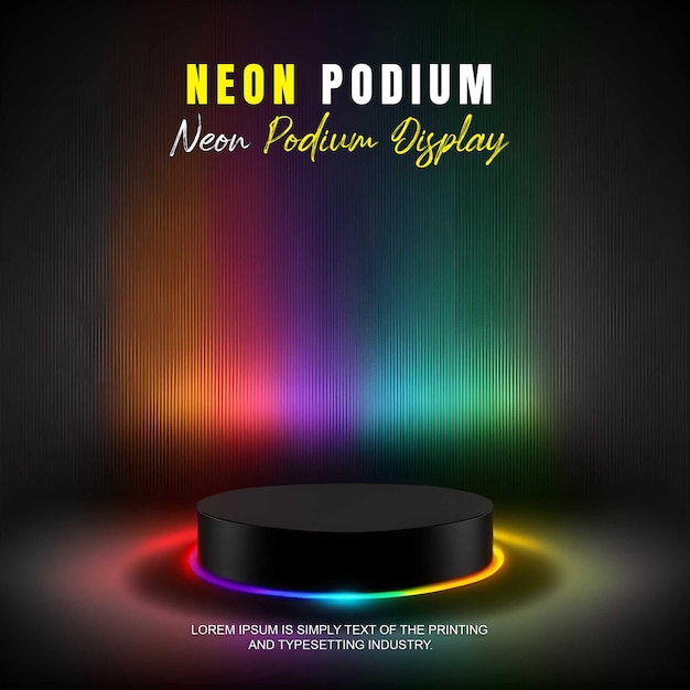 Futuristisk scene med podium, mockup for produktpresentasjon med neonlys, scene for produktvisning
