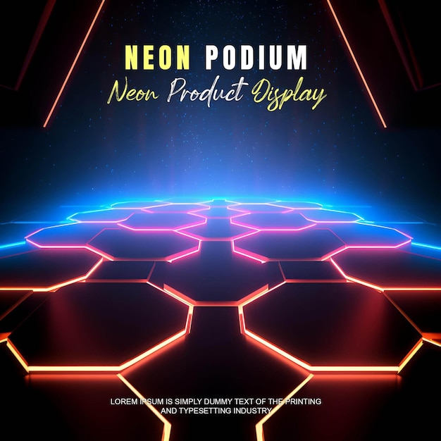 Futuristisk scene med podium, mockup for produktpresentasjon med neonlys, scene for produktvisning