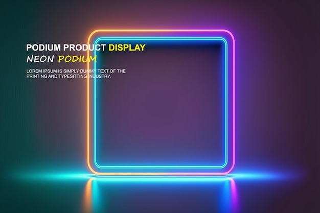 Futuristisk scene med podium, mockup for produktpresentasjon med neonlys, scene for produktvisning
