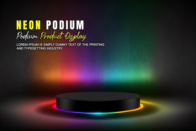 Futuristisk scene med podium, mockup for produktpresentasjon med neonlys, scene for produktvisning