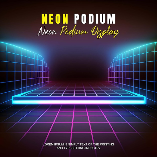 Futuristyczna scena na podium, wyświetlacz produktów z neonowym oświetleniem, pokaz na scenie, prezentacja produktu