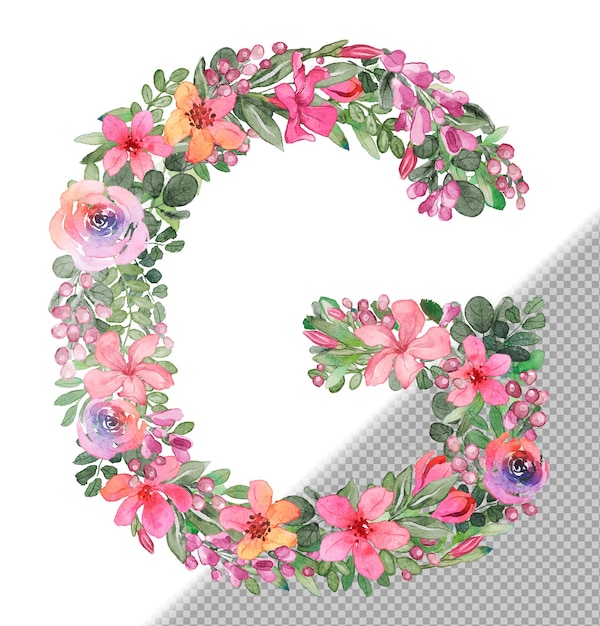 PSD g letter in uppercase made of soft handdrawn flowers and leaves