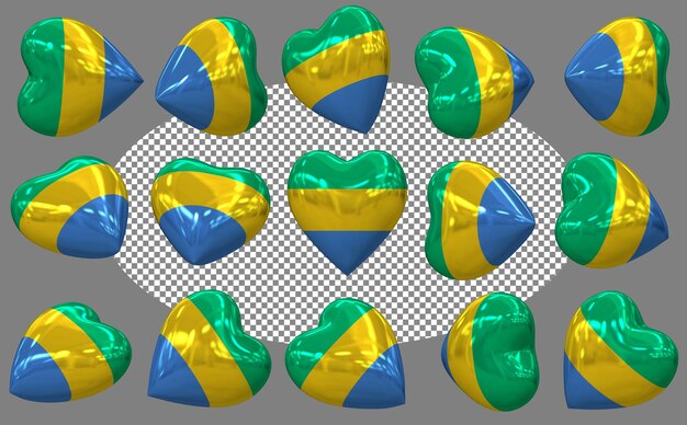 ガボンの3Dハートフラッグ - 異なる位置を分離した3Dレンダリング