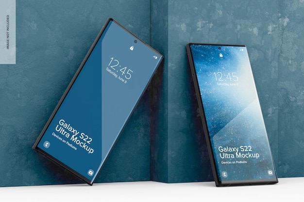 PSD galaxy s22 ultra on podium mockup, perspective 02