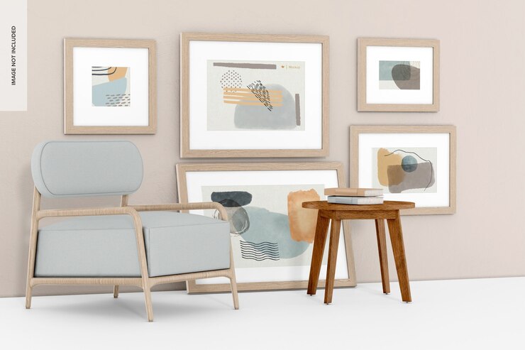 PSD gallery frames with armchair mockup perspective