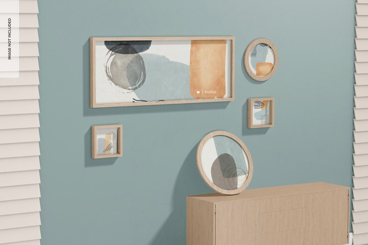PSD gallery frames with large sideboard mockup perspective