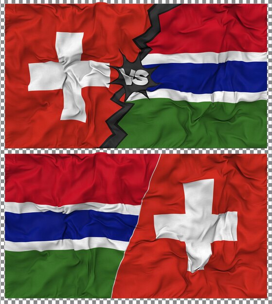 Gambia versus Zwitserland Halve gecombineerde vlag Cloth Bump Texture 3D Rendering