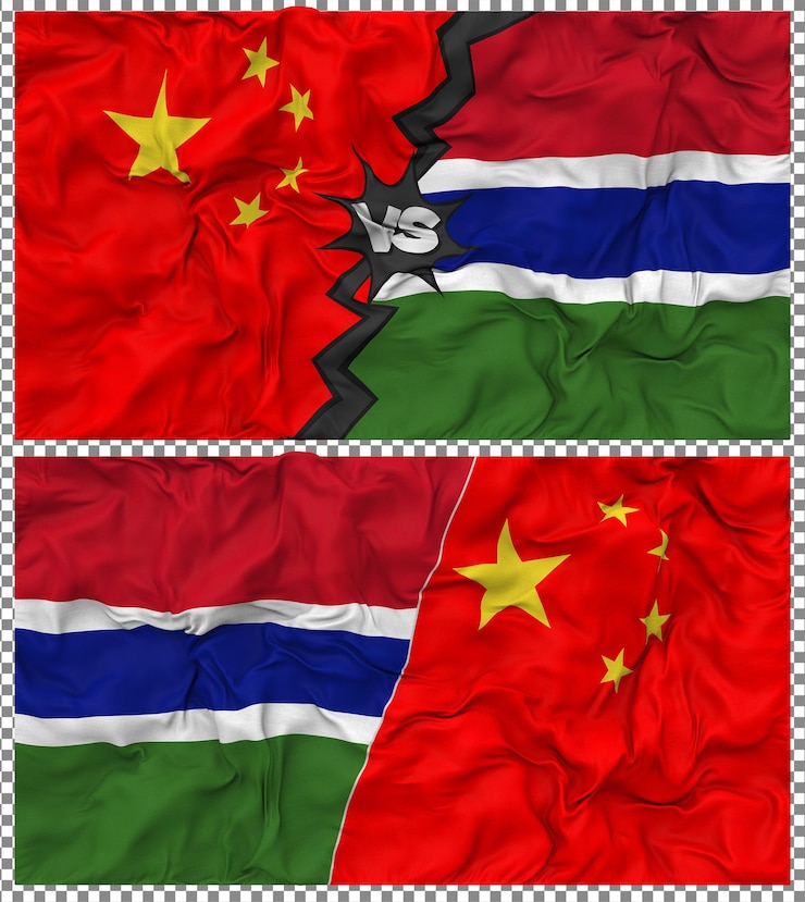 PSD gambia vs china half combined flag cloth bump texture 3d rendering