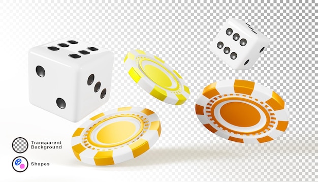 gamble casino falling poker game chips and cube dice on white background 3d render icons lucky die roll with gold gambling coin money win tokens vegas banner playing online