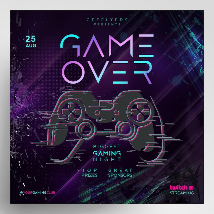PSD game over club gaming night party invitation instagram flyer template