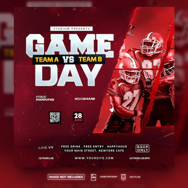 Флаер для американского футболиста game day флаер спортивного футбольного события или шаблон для социальных сетей