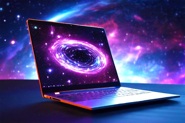 Game laptop computer with glow color light on dark background 3d illustration rendering