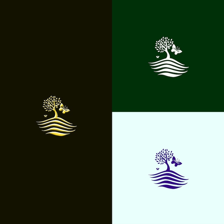 PSD game nature award logo z drzewem i motylem dla dekoracji kreatywnych i unikalnych projektów wektorowych