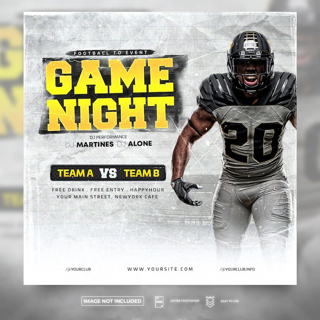 PSD game night american football player flyer football sport event flyer or social media template