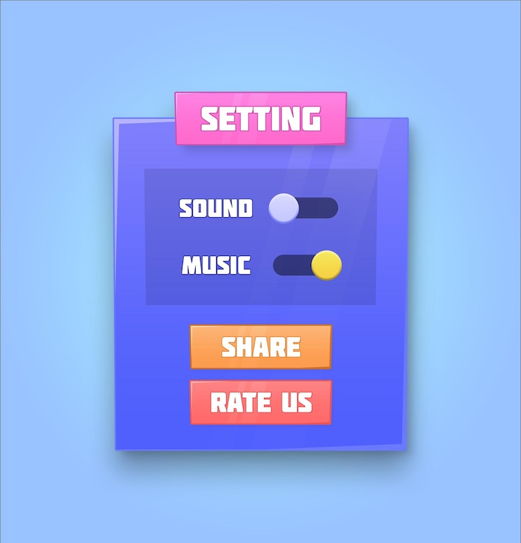 PSD game settings menu with sound and music controls