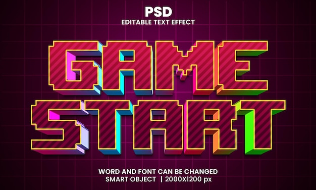 PSD game start 3d-bewerkbare photoshop-teksteffectstijl met achtergrond