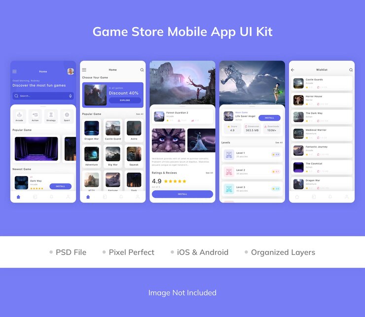 PSD game store mobile app ui kit