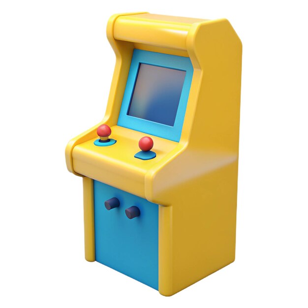 a game that is yellow and blue with a red button on the front